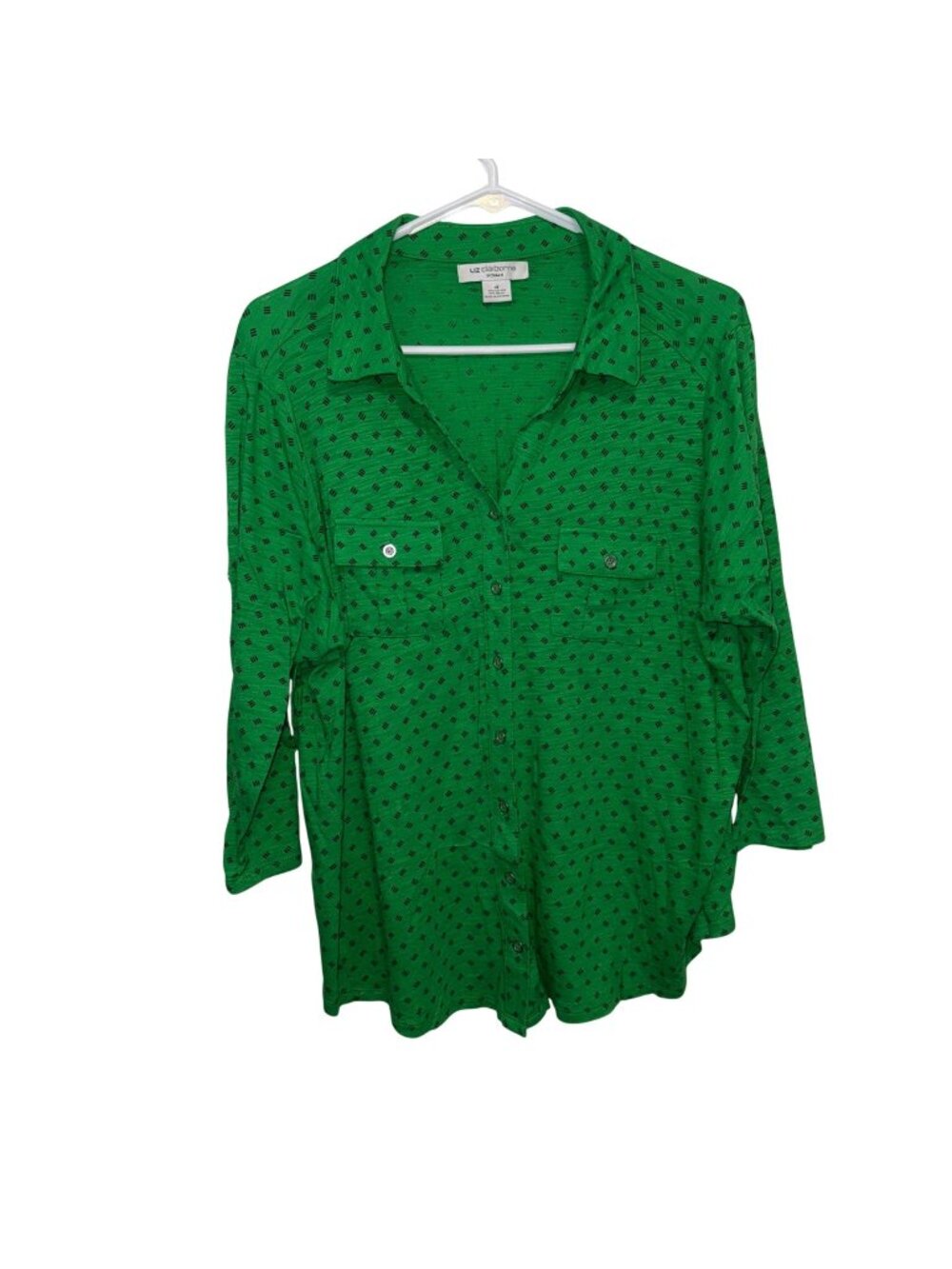 Liz Claiborne Woman Green Button Up Shirt 1X Black Geometric Pattern Lightweight